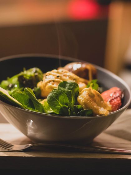 Prawn and avocado salad in a stone bowl